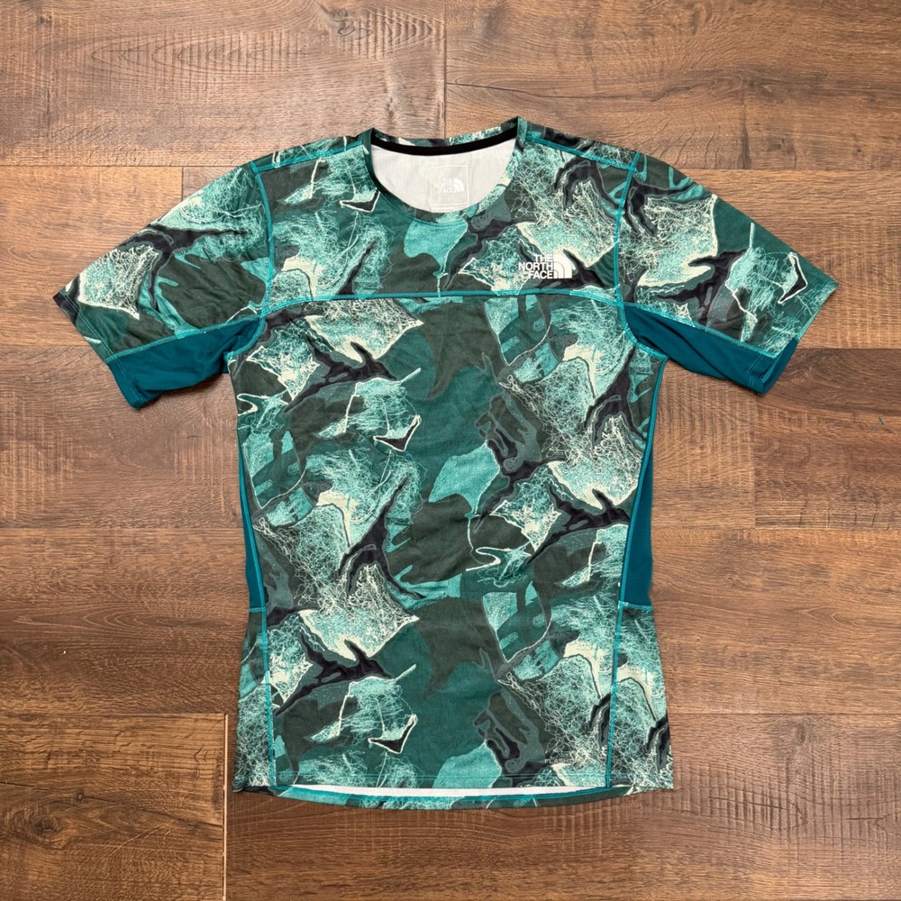 The North Face Mens FlashDry Performance T-Shirt Green Teal Marble Print Small